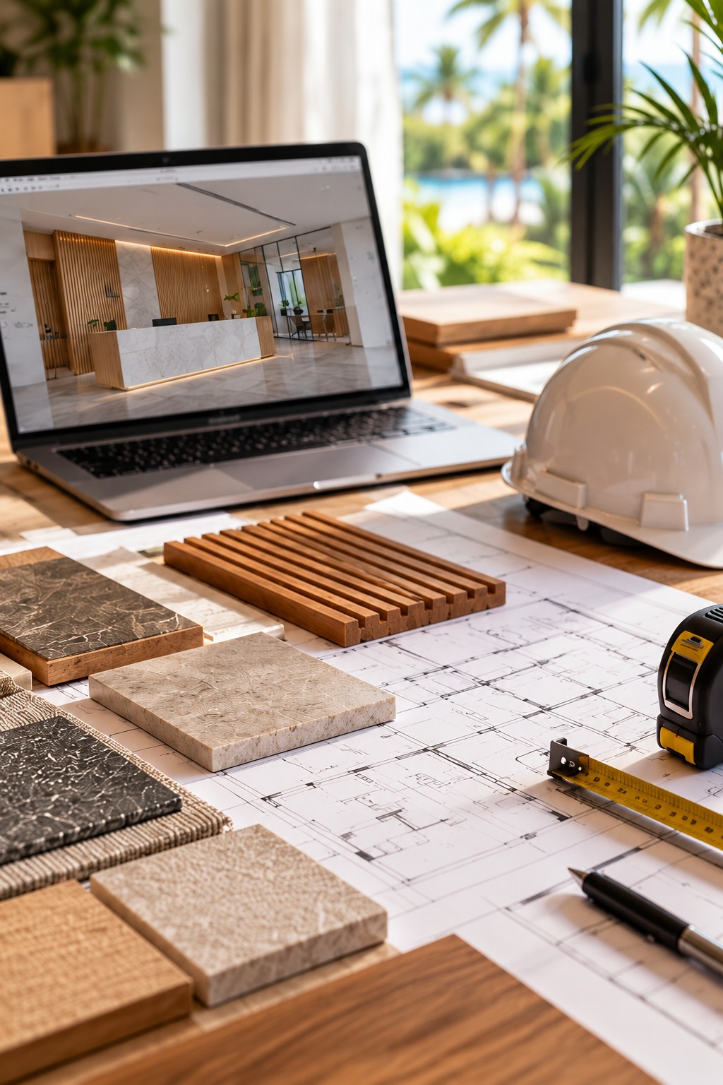 Illustrative interior design planning scene with drawings, finish samples, a laptop model and a hard hat
